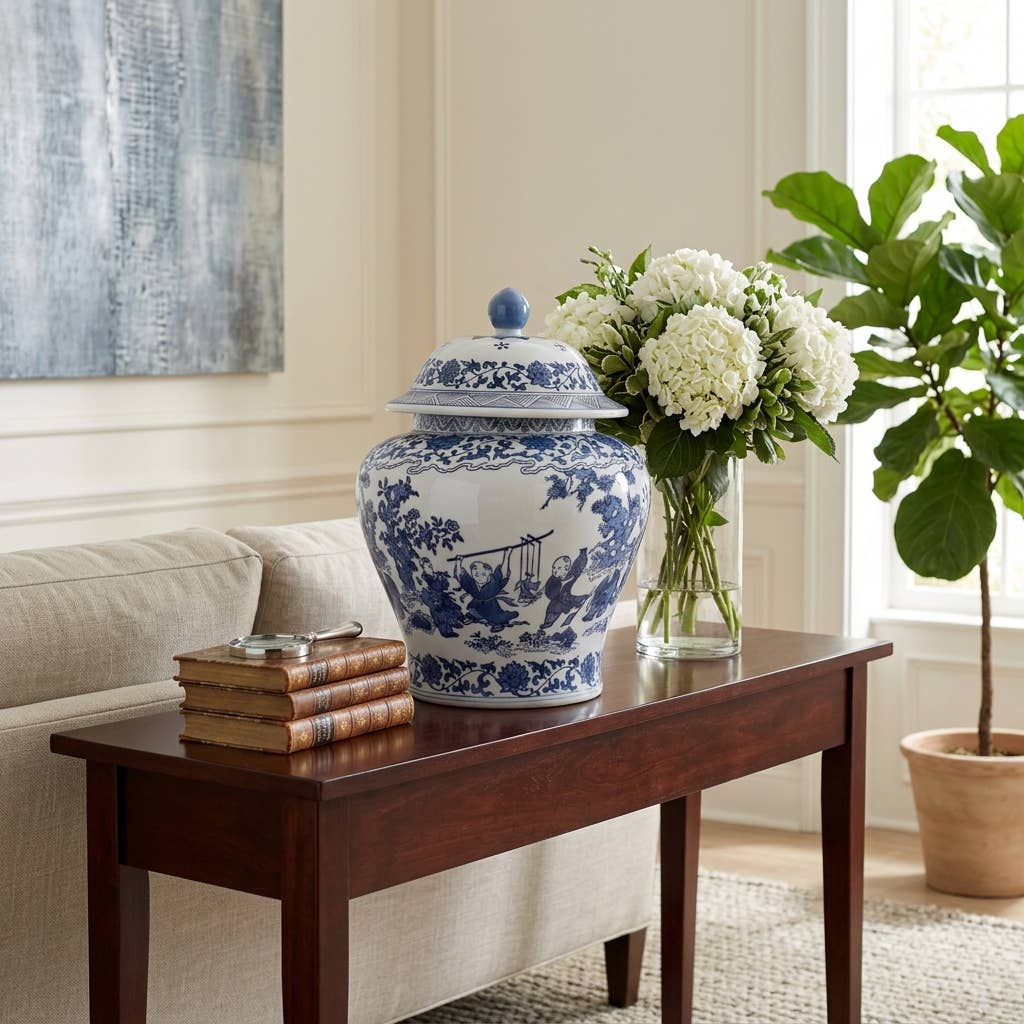 Blue Ceramic Blossoms Temple Jar, 15 in.