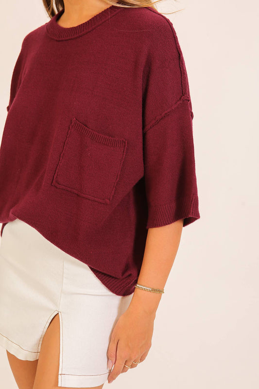 Everyday Essential Pocket Sweater - Burgundy