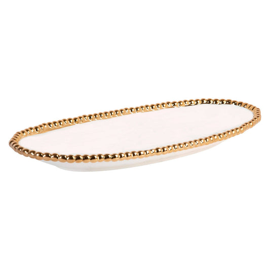 17x7 White Gold Beaded Oval Serve Tray