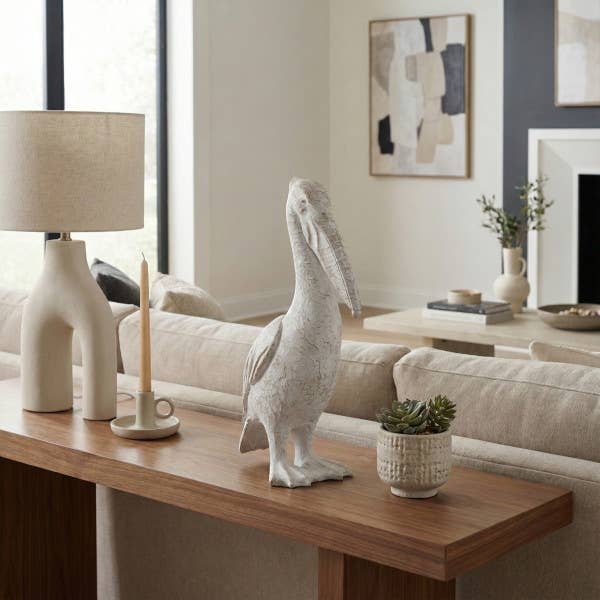 White Ceramic Standing Pelican, 14 in.