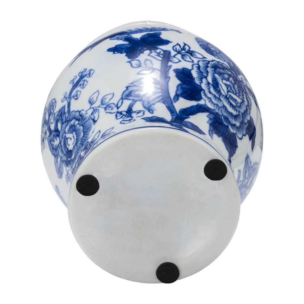 Blue Ceramic Chinoiserie Bird/Flower Jar, 9 in.