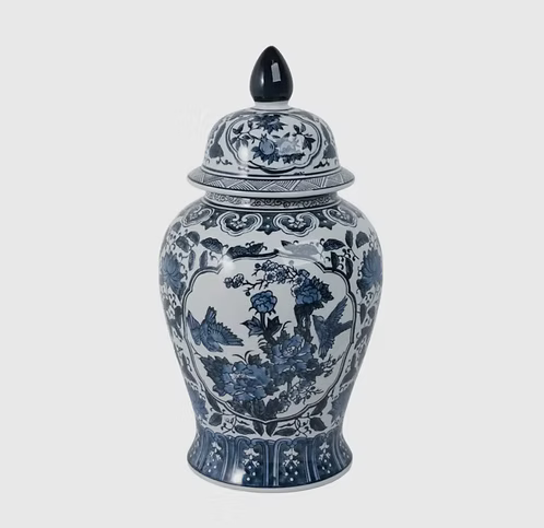 19in Blue Ceramic Chinoiserie Jar