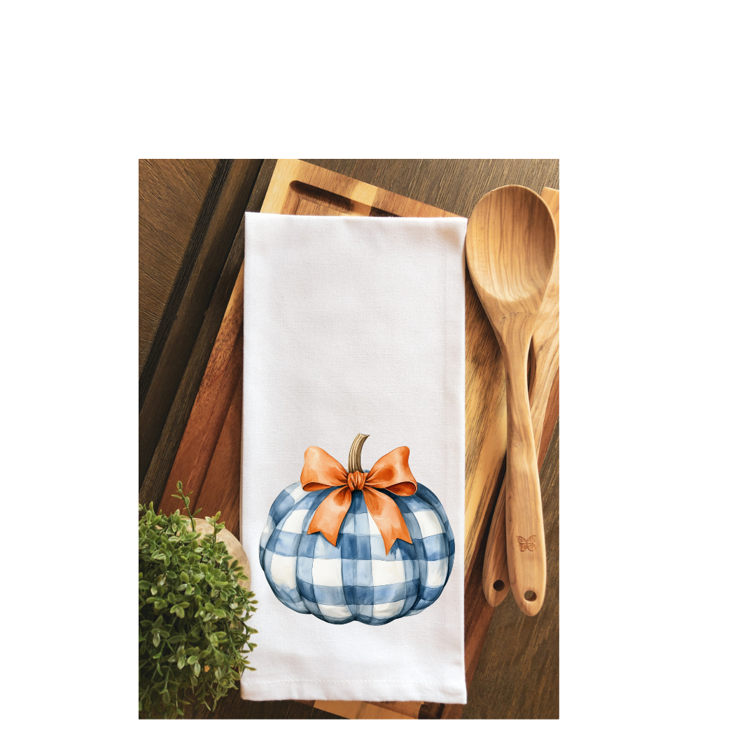 Preppy Blue Plaid Pumpkin Tea Towel