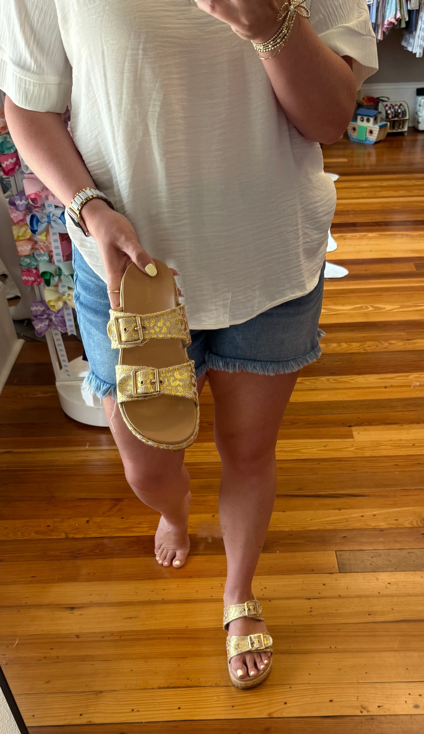Gold Linen Platform Double Strap Sandal