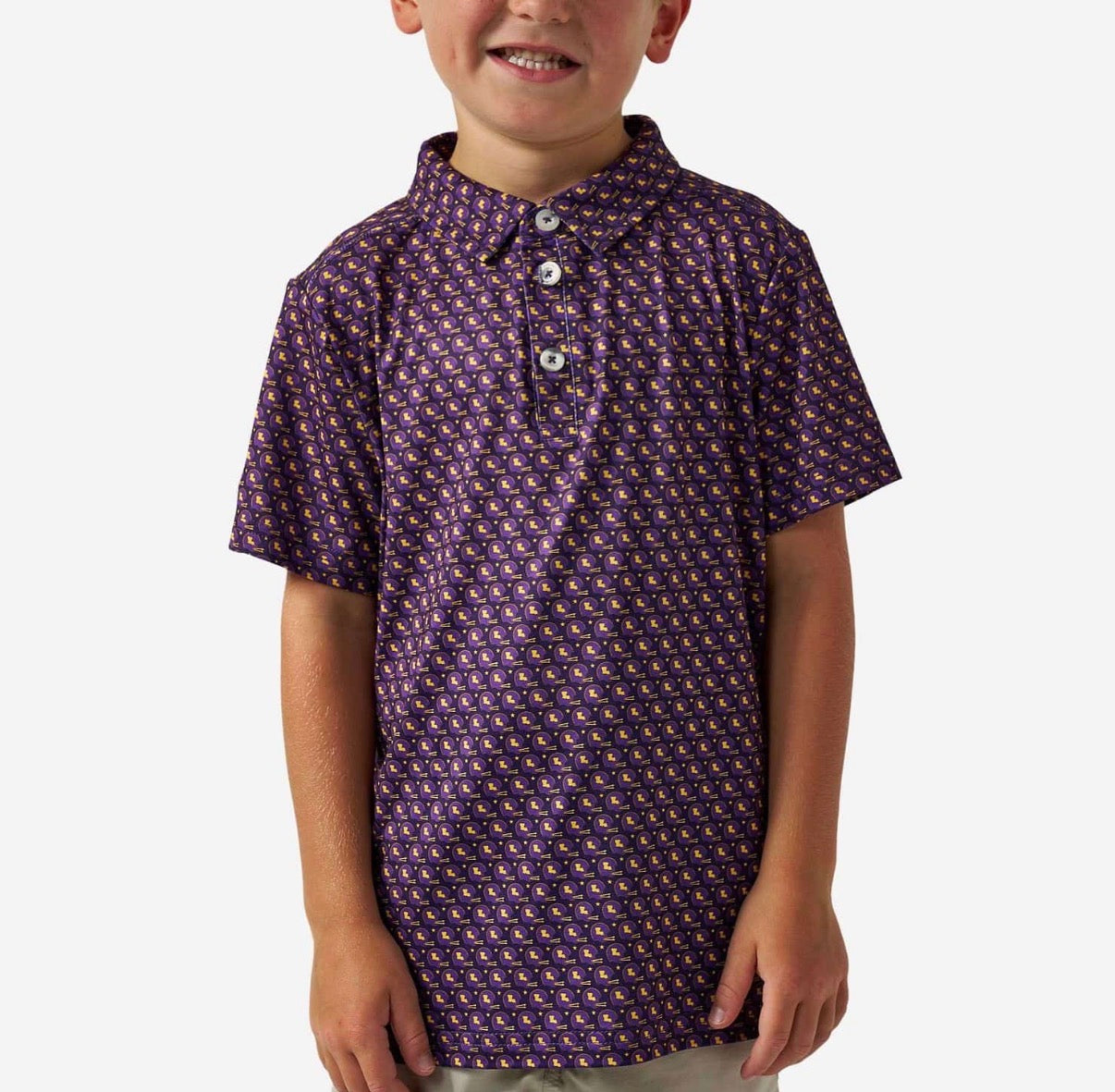 Burlebo Youth Performance Polo- Purple and Gold Helmet