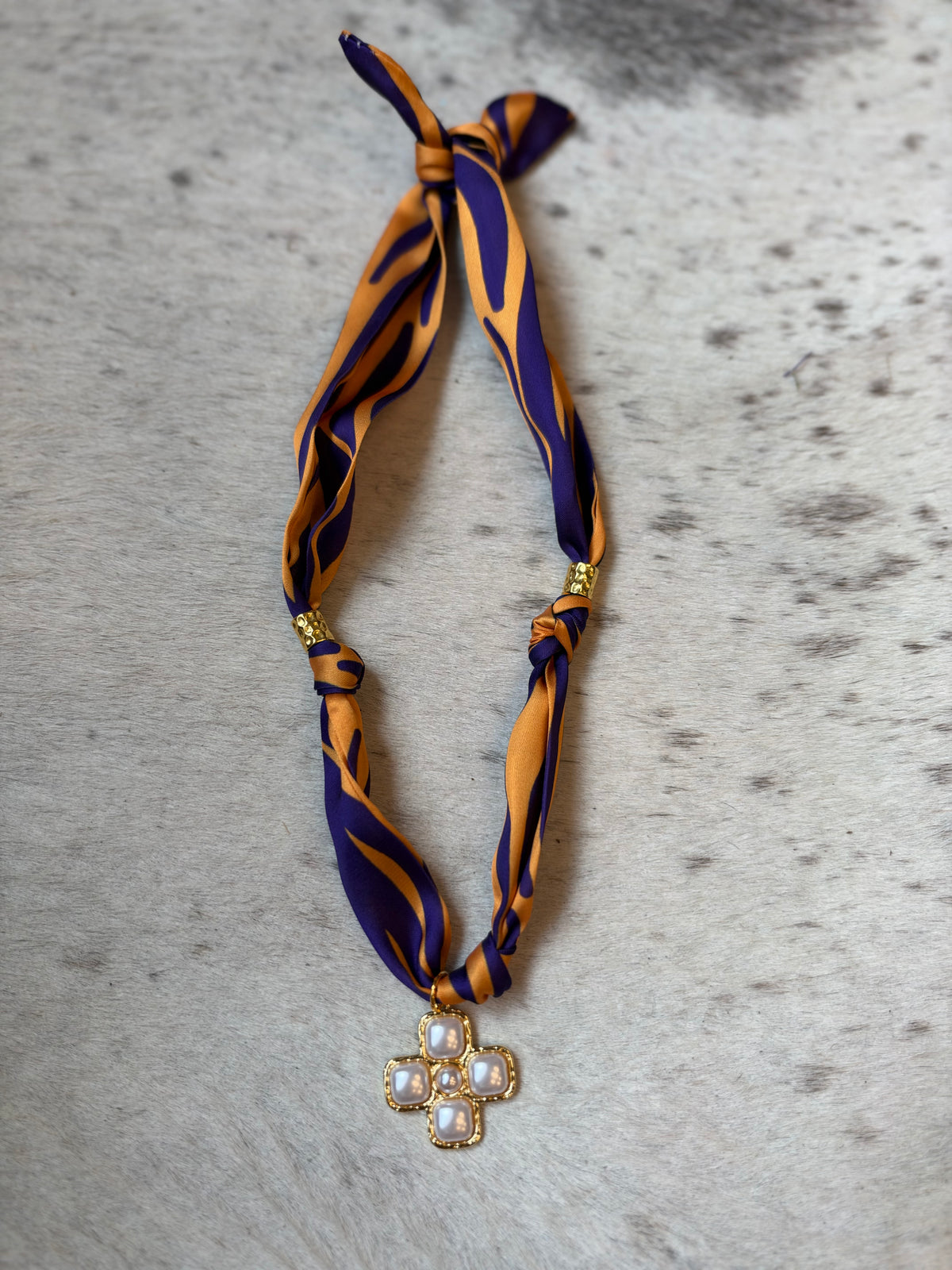 Purple with Pearl Cross Scarf Necklace