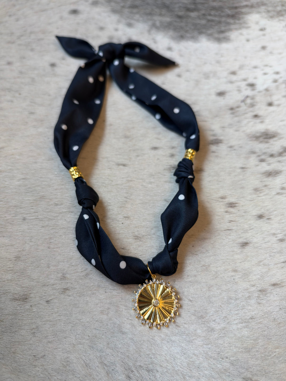 Navy Polka Circle Pendant Scarf Necklace