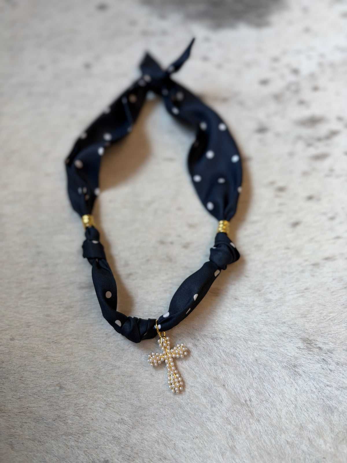 Navy Polka Pearl Cross Scarf Necklace
