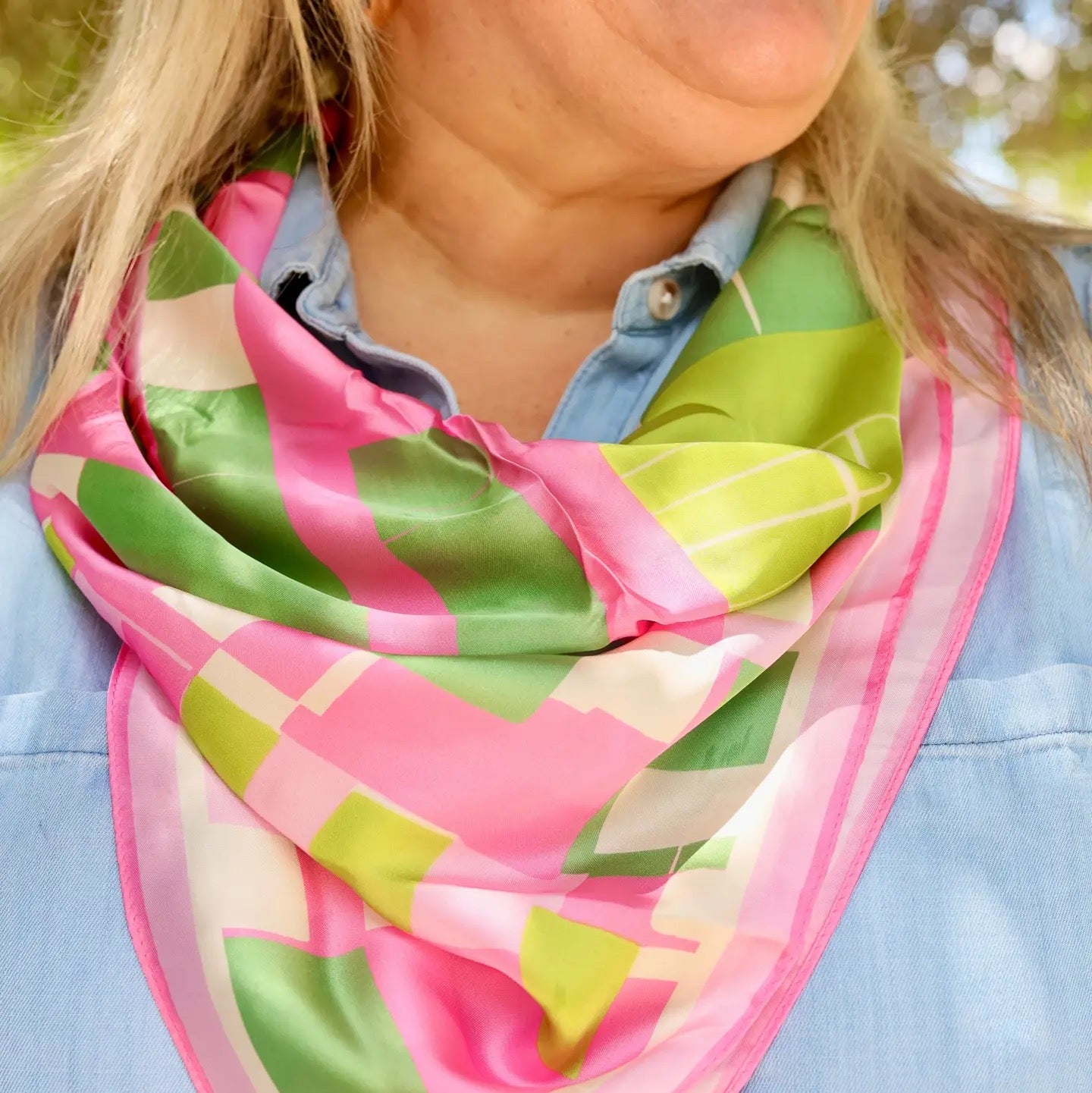Caroline Hill Gema Geometric Pink & Green Scarf