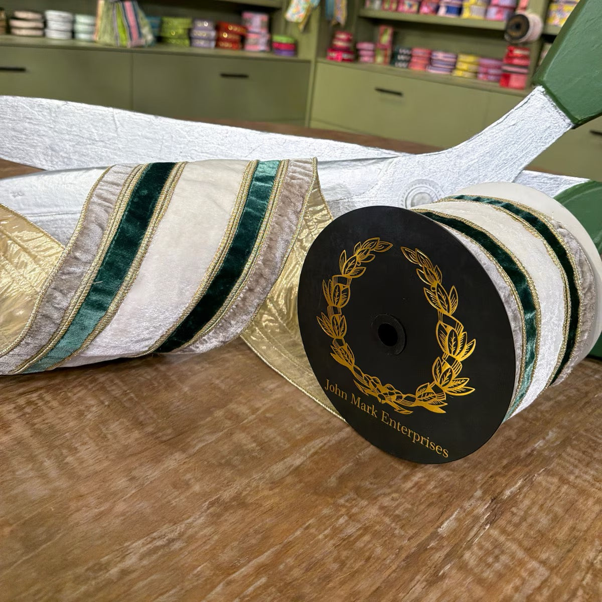 John Mark- Grey/Green/White Velvet Stripe Metallic Dupion Double Fused