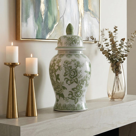 14in Green/White Bird & Flower Chinoiserie Jar