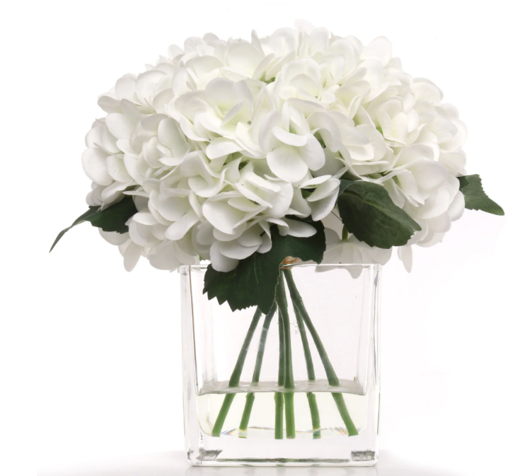 10" White Hydrangea Flowers in Glass Vase with Water Look