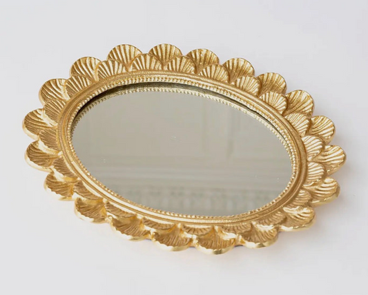 Gold Scalloped Oval Mirrored Vanity Tray