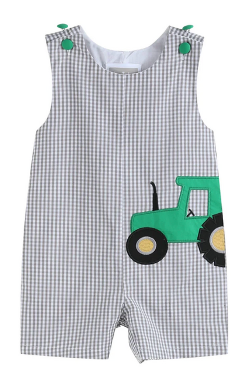 Gray Gingham Green Tractor Appliqué JonJon