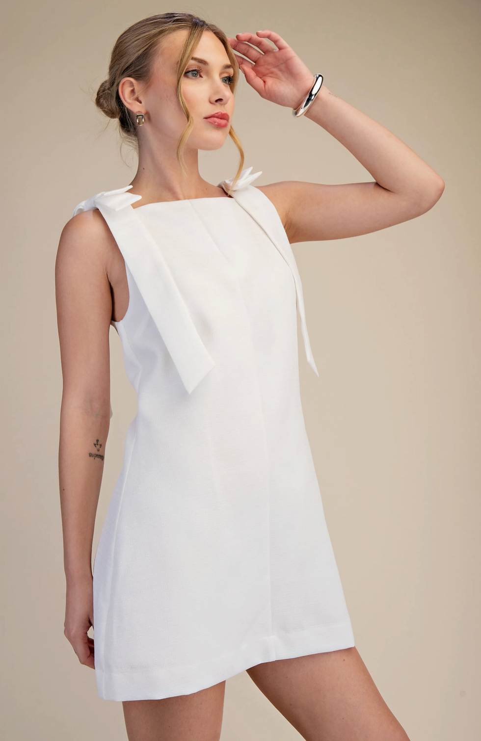 White Bow Strap Mini Dress