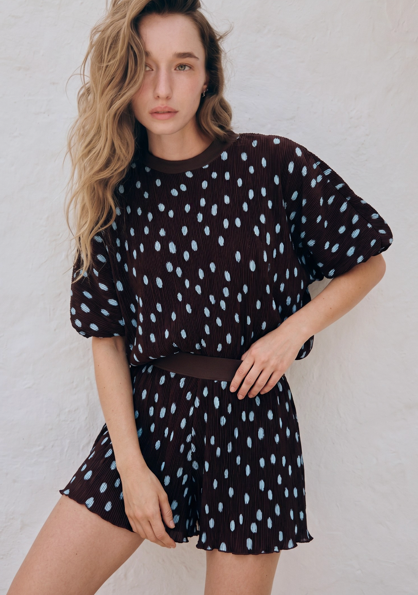 Brown Polka Dot Pleated Set