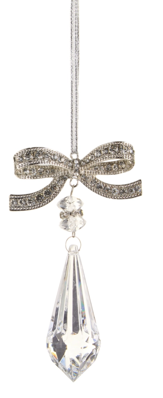 Jeweled Bow with Crystal Drop Ornament- 4.5"