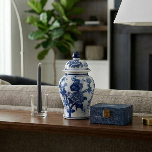 Blue Ceramic Chinoiserie Bird/Flower Jar, 9 in.
