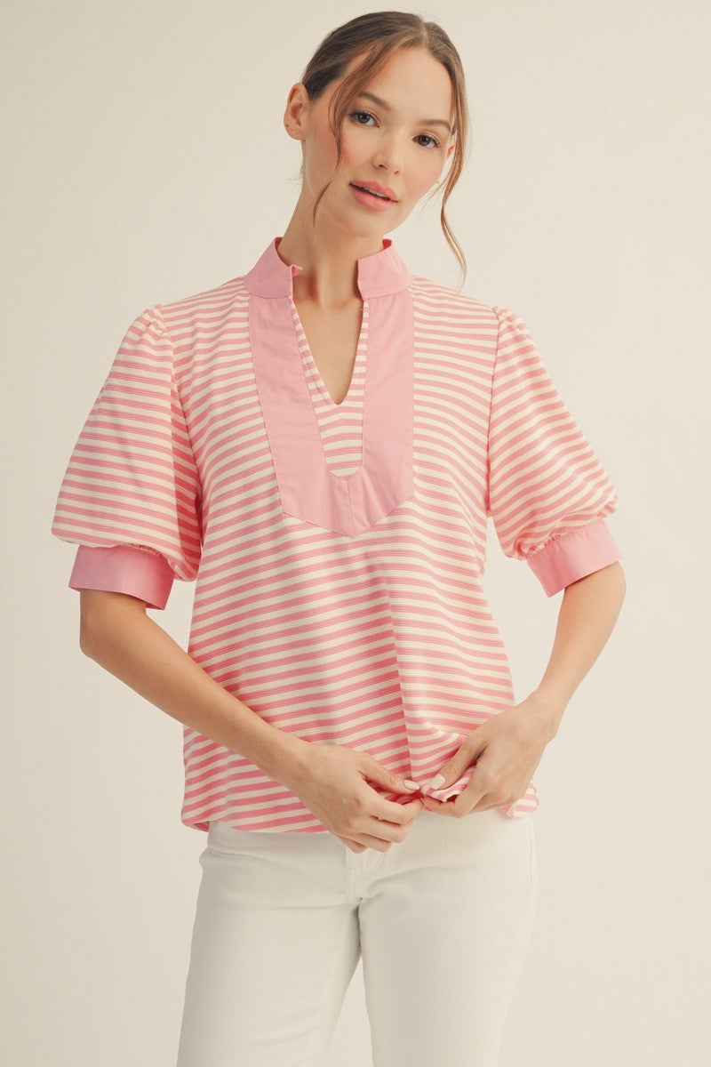Pink Stripe Puff Sleeve Top – Plus