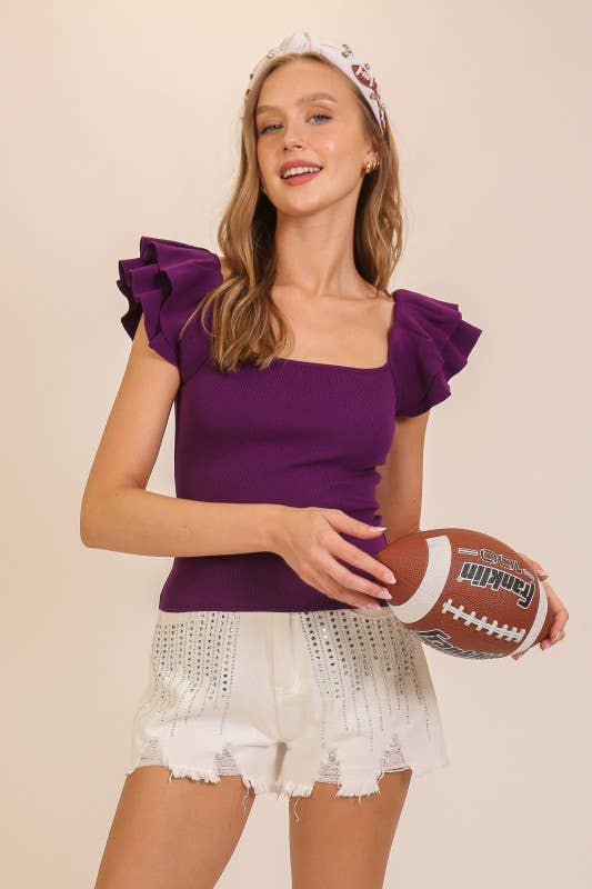 Purple Flounce Sleeve Sweater Knit Top