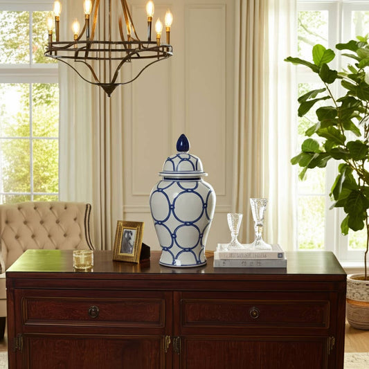 Blue/White Ceramic Links Lidded Jar, 18 in.