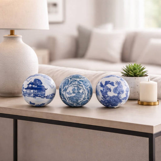 Objects Set of 3 - Blue/White Ceramic Chinoiserie Orbs, 5 in