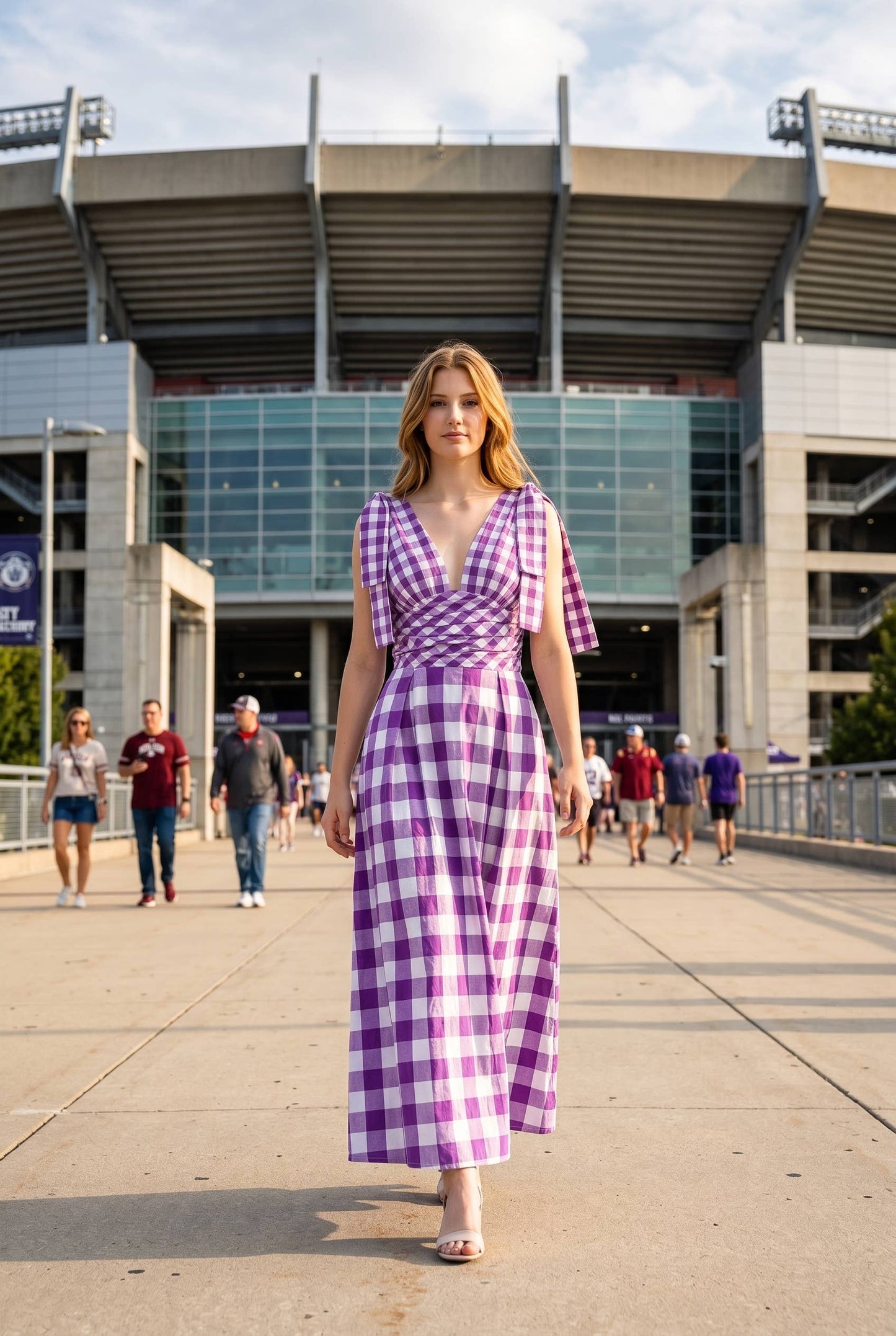 Purple Check Tie Strap Maxi Dress