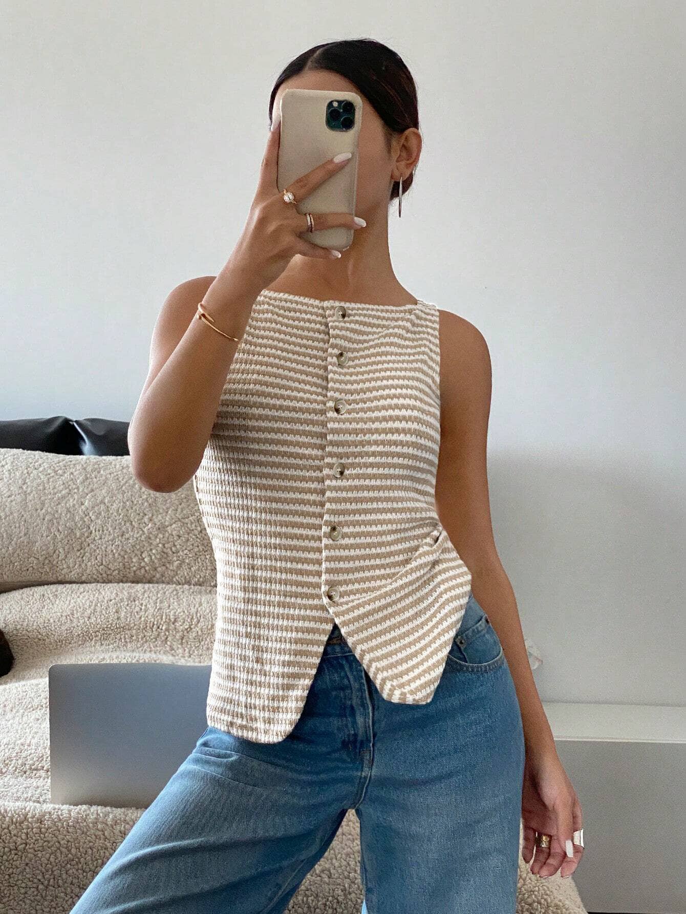 Beige Stripe Knit Vest
