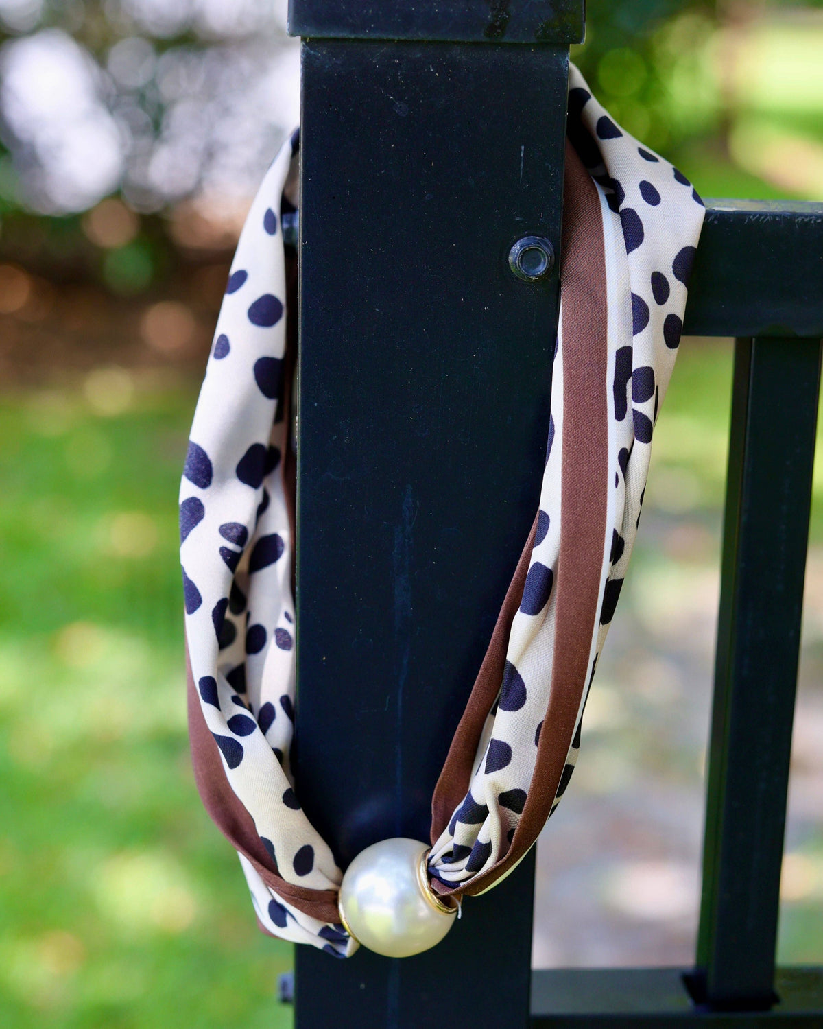 Pammie Magnetic Pearl Scarf Necklace Leopard- Brown Trim