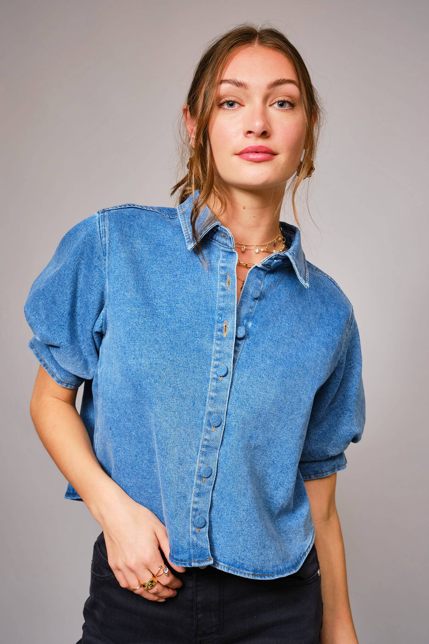 Denim Puff Sleeve Blouse