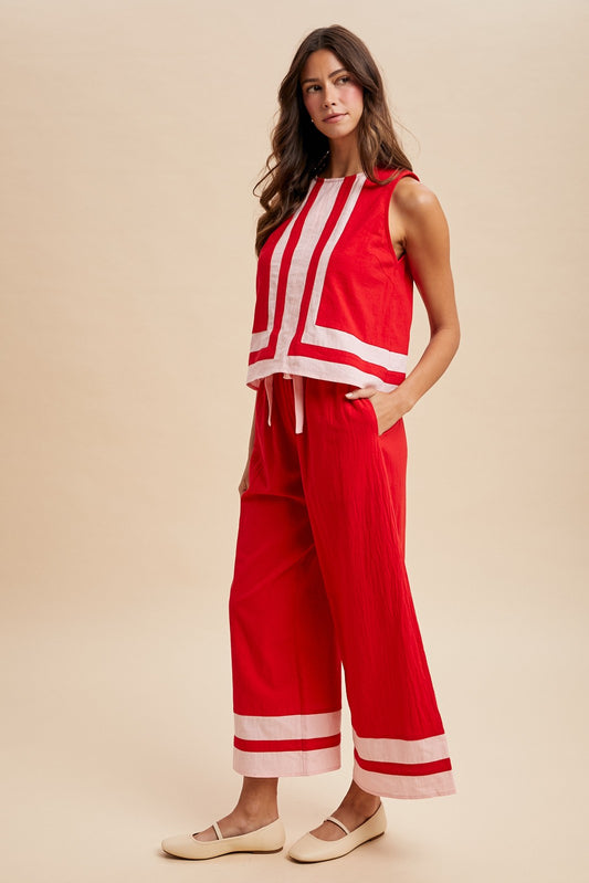 Contrast Trim Tank & Wide Leg Pant Set – Red & Pink