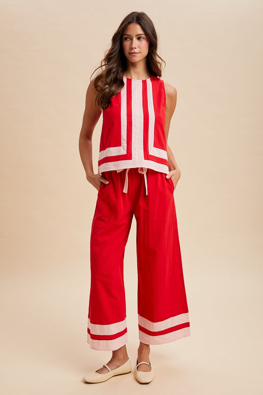Contrast Trim Tank & Wide Leg Pant Set – Red & Pink