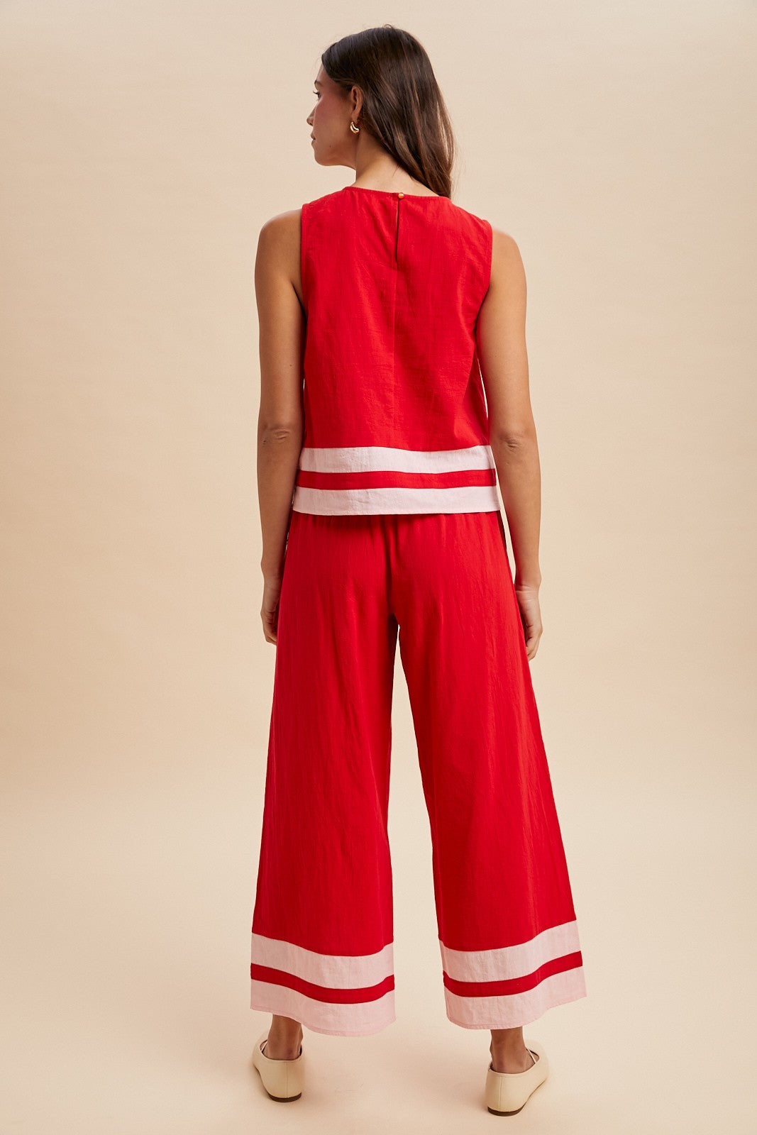 Contrast Trim Tank & Wide Leg Pant Set – Red & Pink
