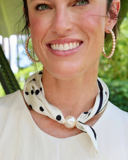 Robyn Magnetic Pearl Scarf Necklace Black Polka Dots