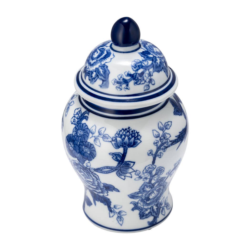 Blue Ceramic Chinoiserie Bird/Flower Jar, 9 in.