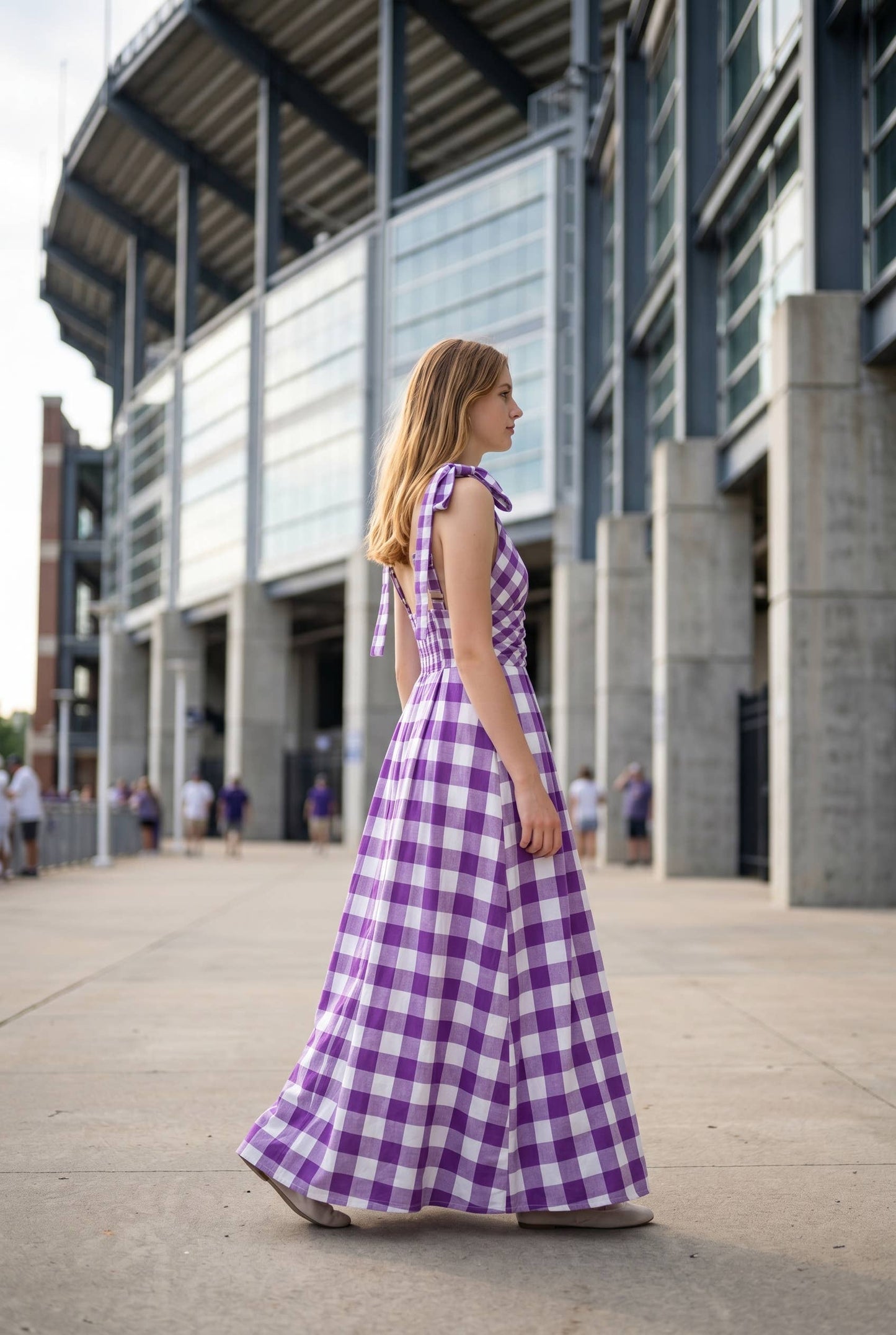 Purple Check Tie Strap Maxi Dress