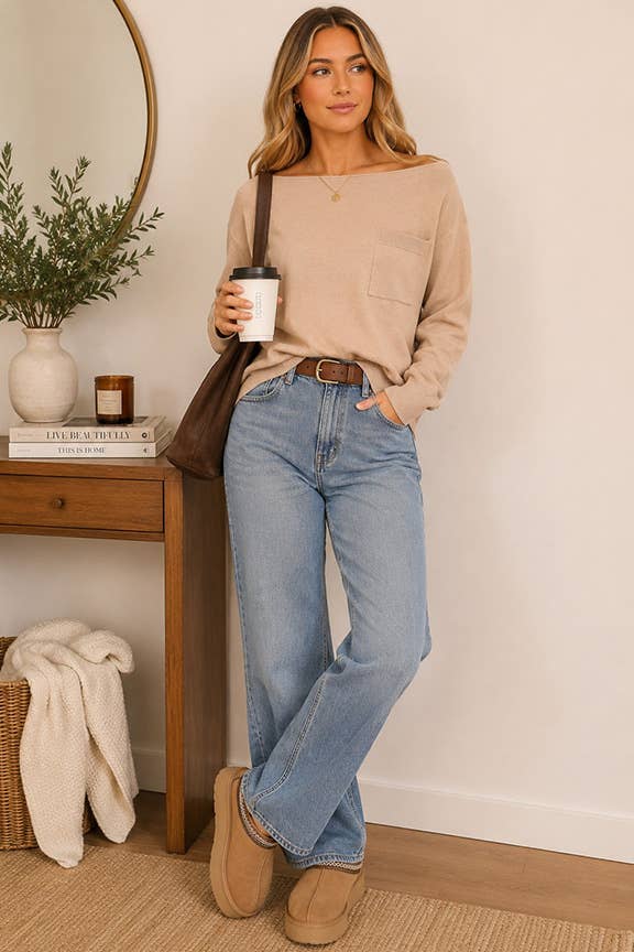 Weekend Boat Neck Sweater - Lt Taupe