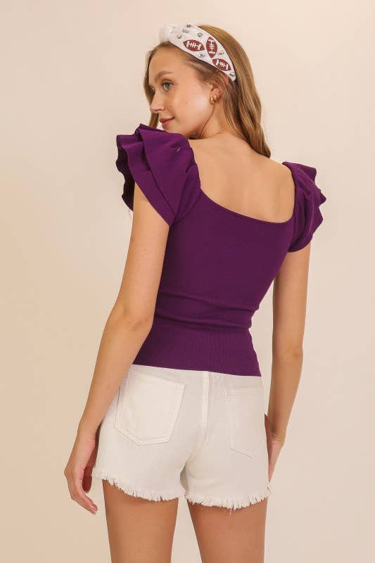 Purple Flounce Sleeve Sweater Knit Top