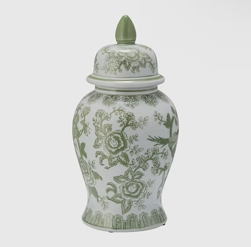 14in Green/White Bird & Flower Chinoiserie Jar