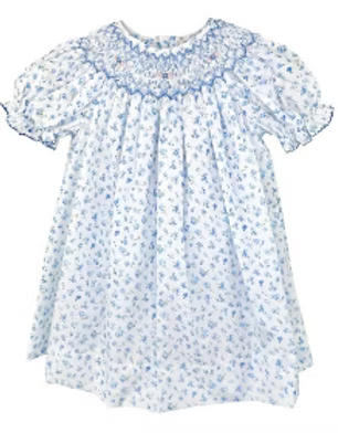 Blue Floral Smocked Neck Bishop