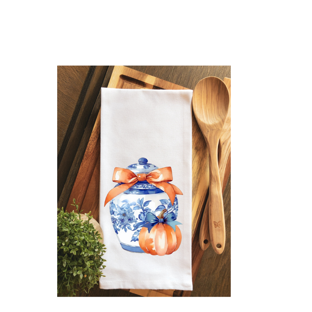 Fall Pumpkin and Chinoiseire Ginger Jar Tea Towel