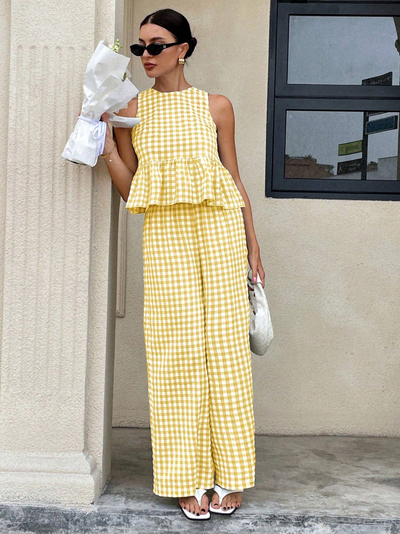 Gingham Peplum Top & Pant Set