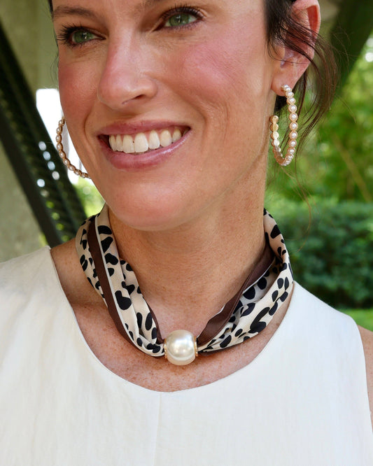 Pammie Magnetic Pearl Scarf Necklace Leopard- Brown Trim