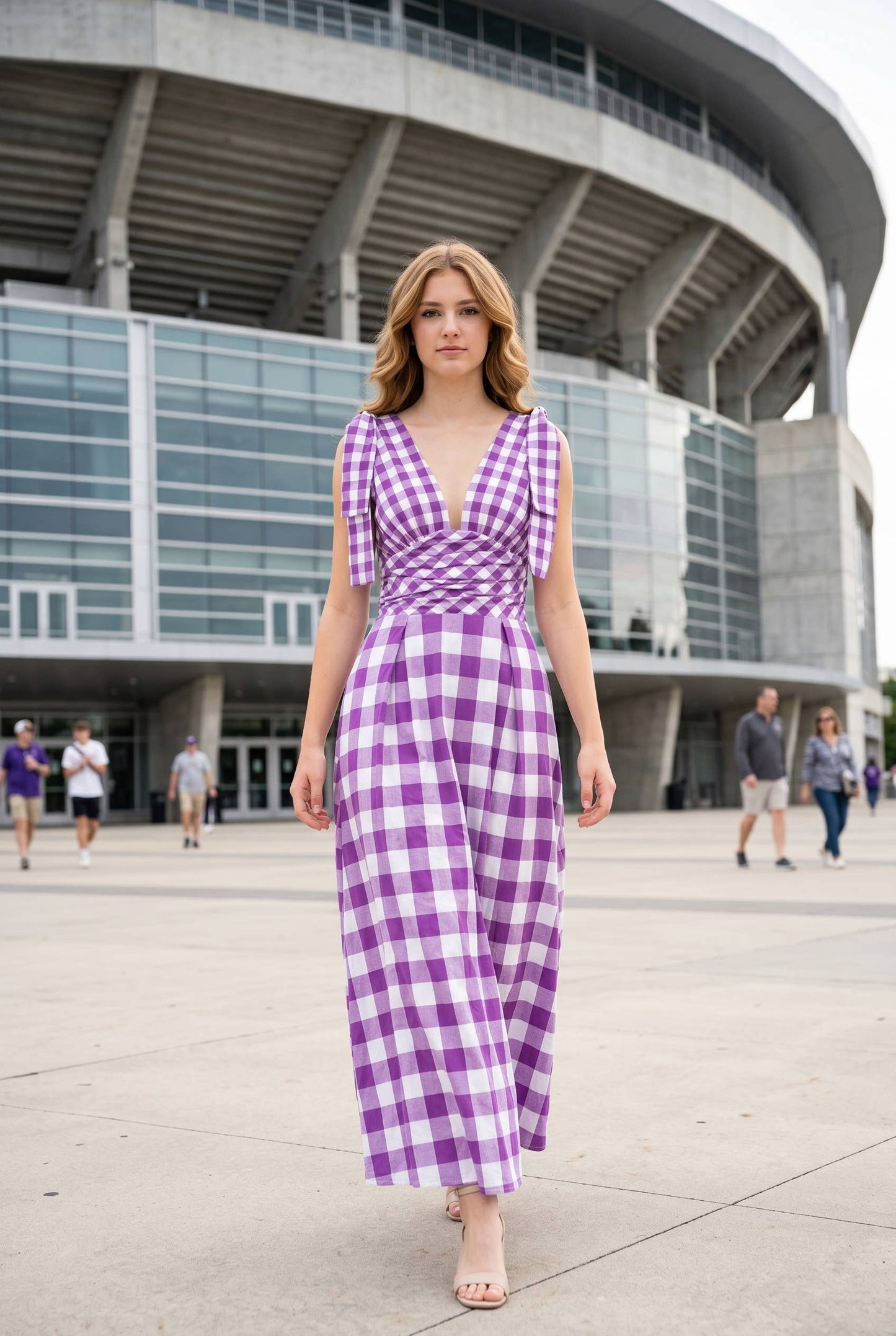 Purple Check Tie Strap Maxi Dress