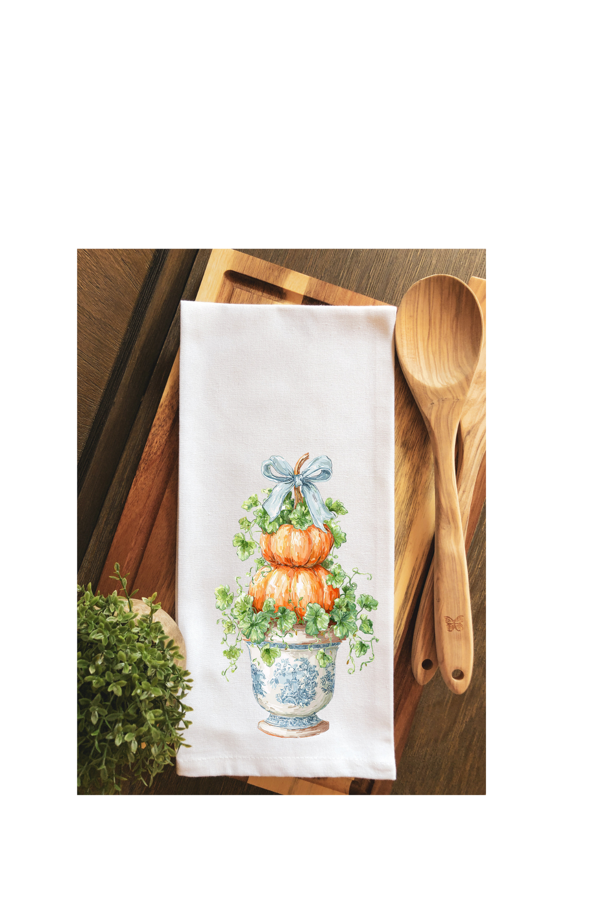 Preppy Toile Pumpkin Floral Fall Topiary Tea Towel