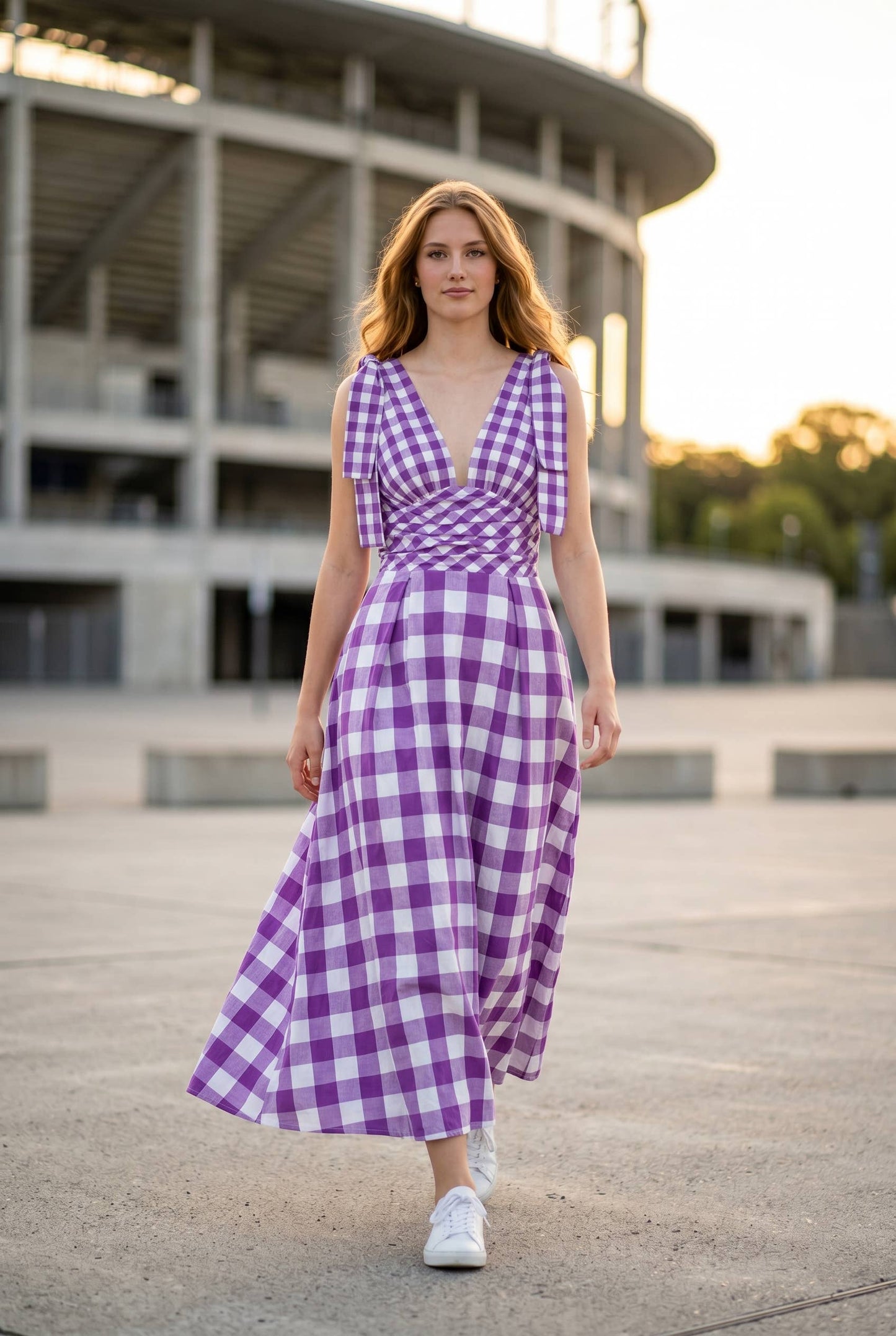 Purple Check Tie Strap Maxi Dress