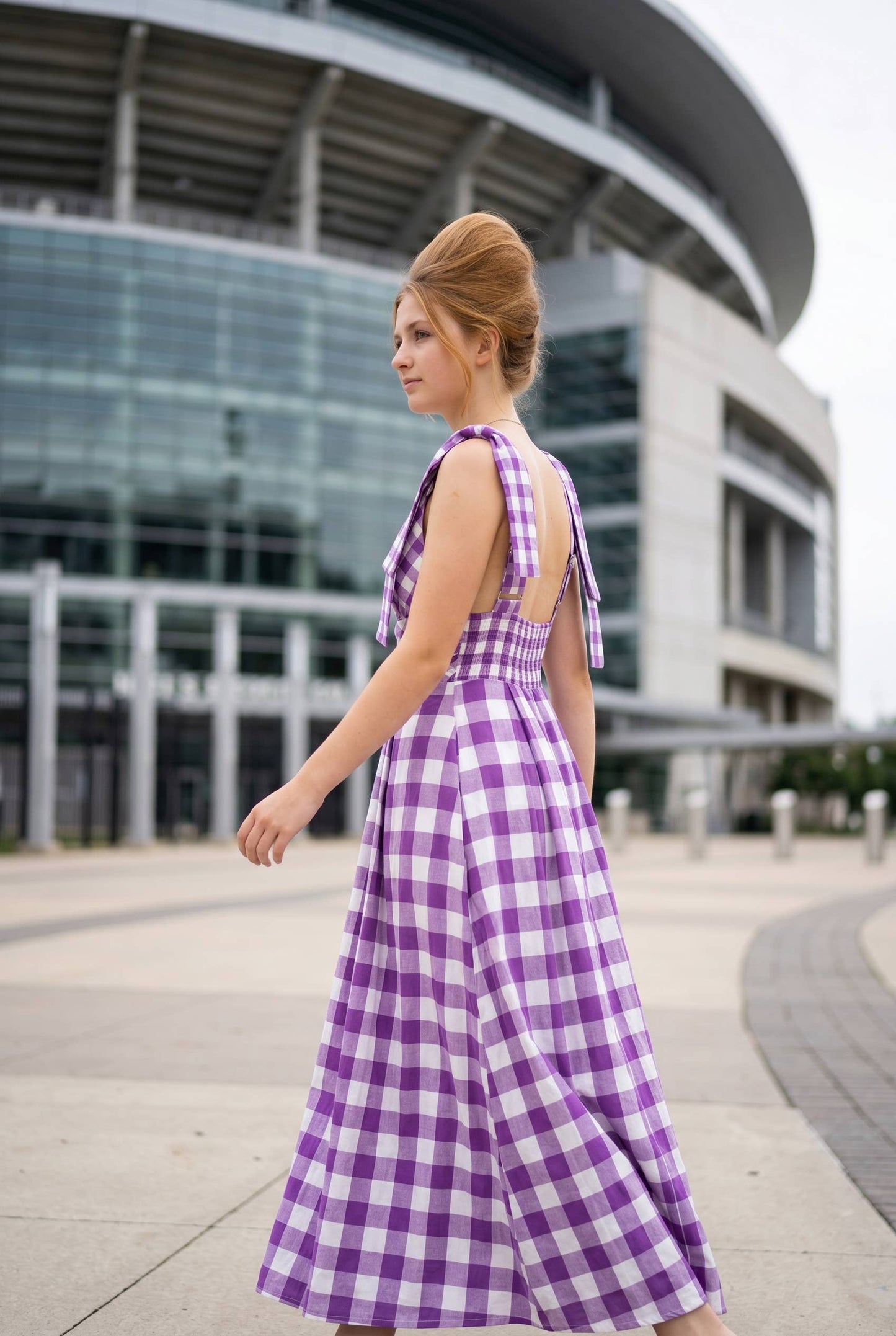 Purple Check Tie Strap Maxi Dress