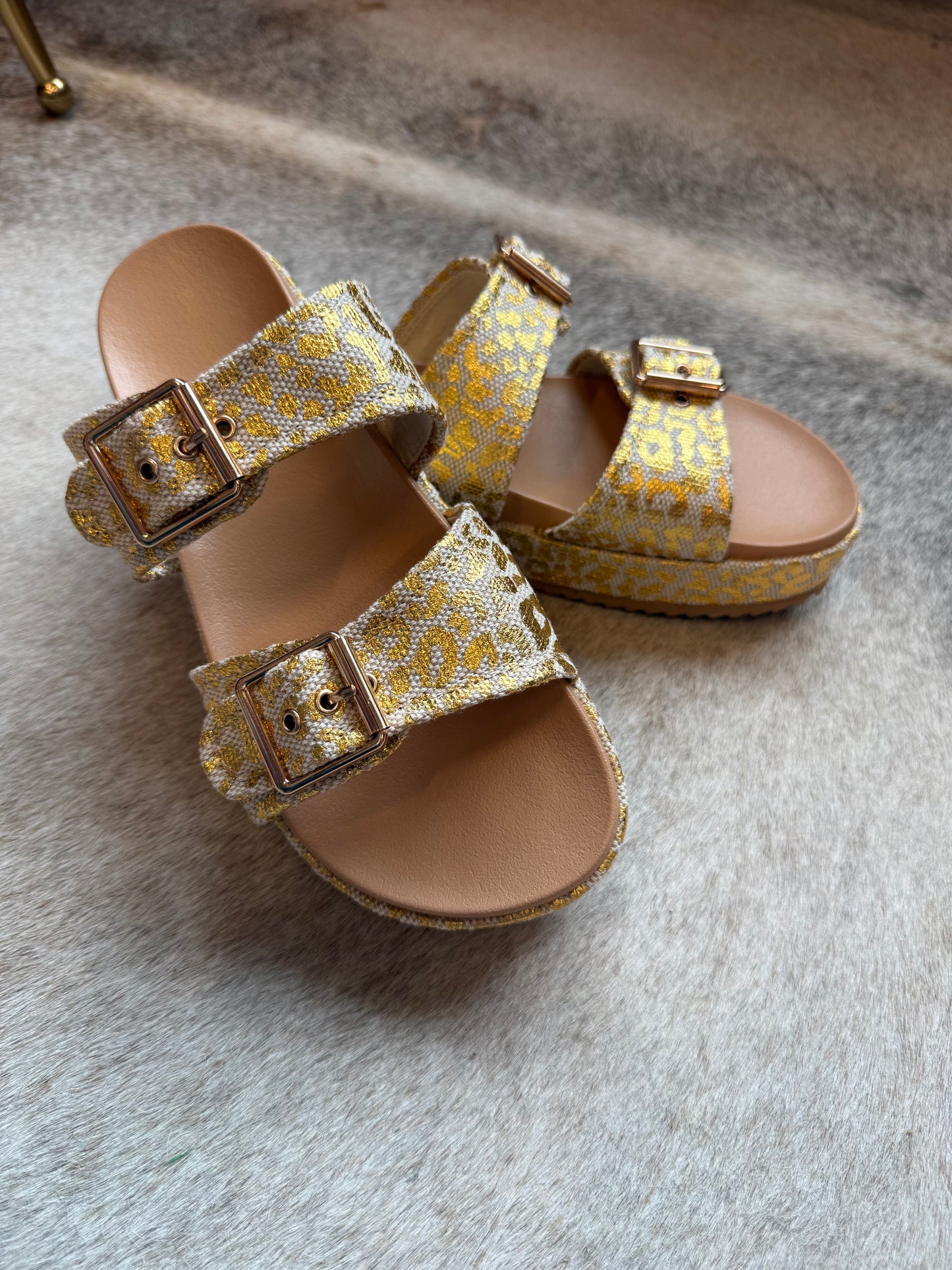 Gold Linen Platform Double Strap Sandal