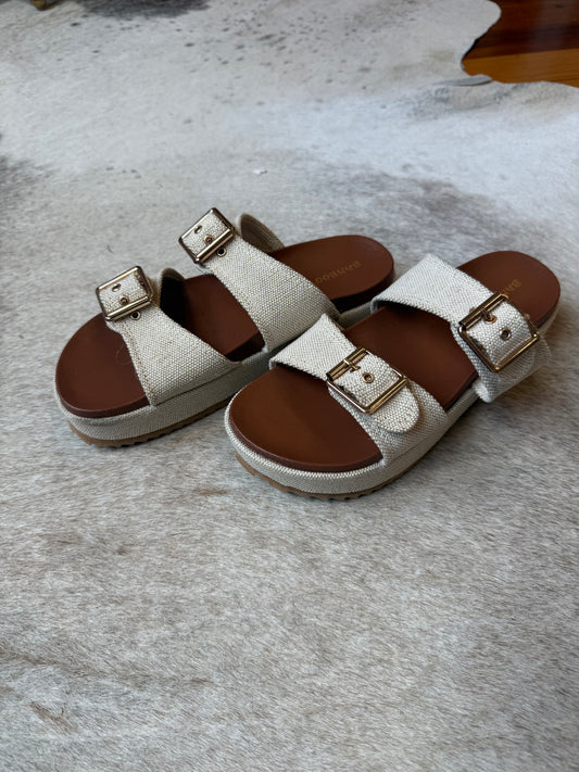 Beige Linen Platform Slides