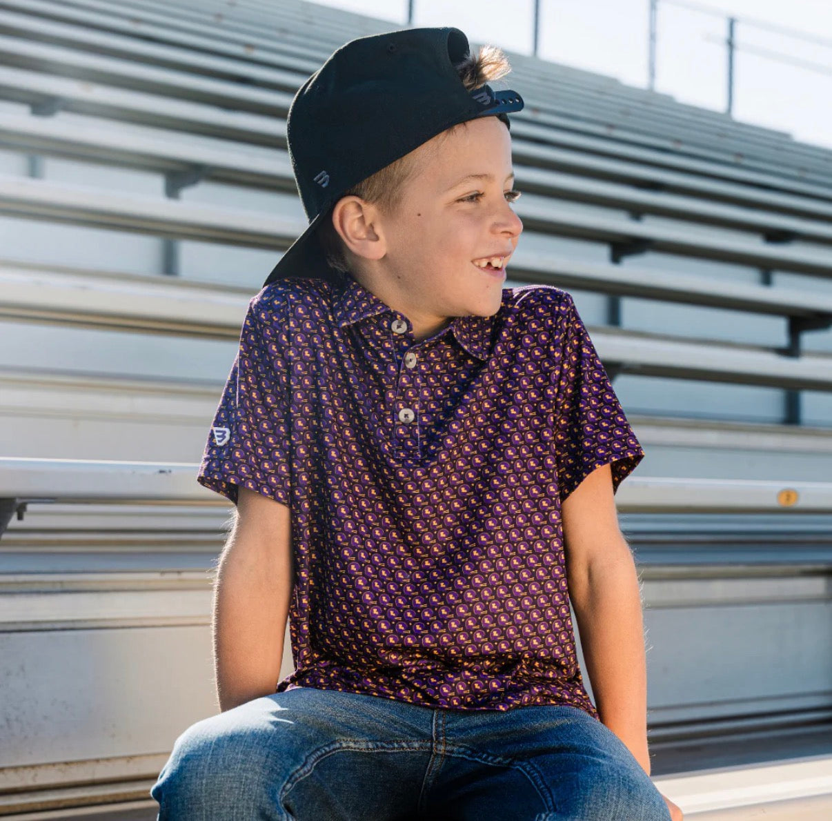 Burlebo Youth Performance Polo- Purple and Gold Helmet